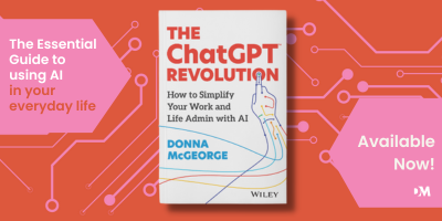 The ChatGPT Revolution is a book by Donna McGeorge. The cover is white, heading is orange and Donna's name is in blue. Click this image to download her free worksheet. 